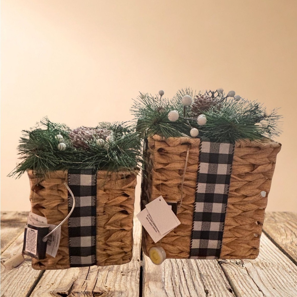 Woven Baskets with Greenery and Plaid Accent